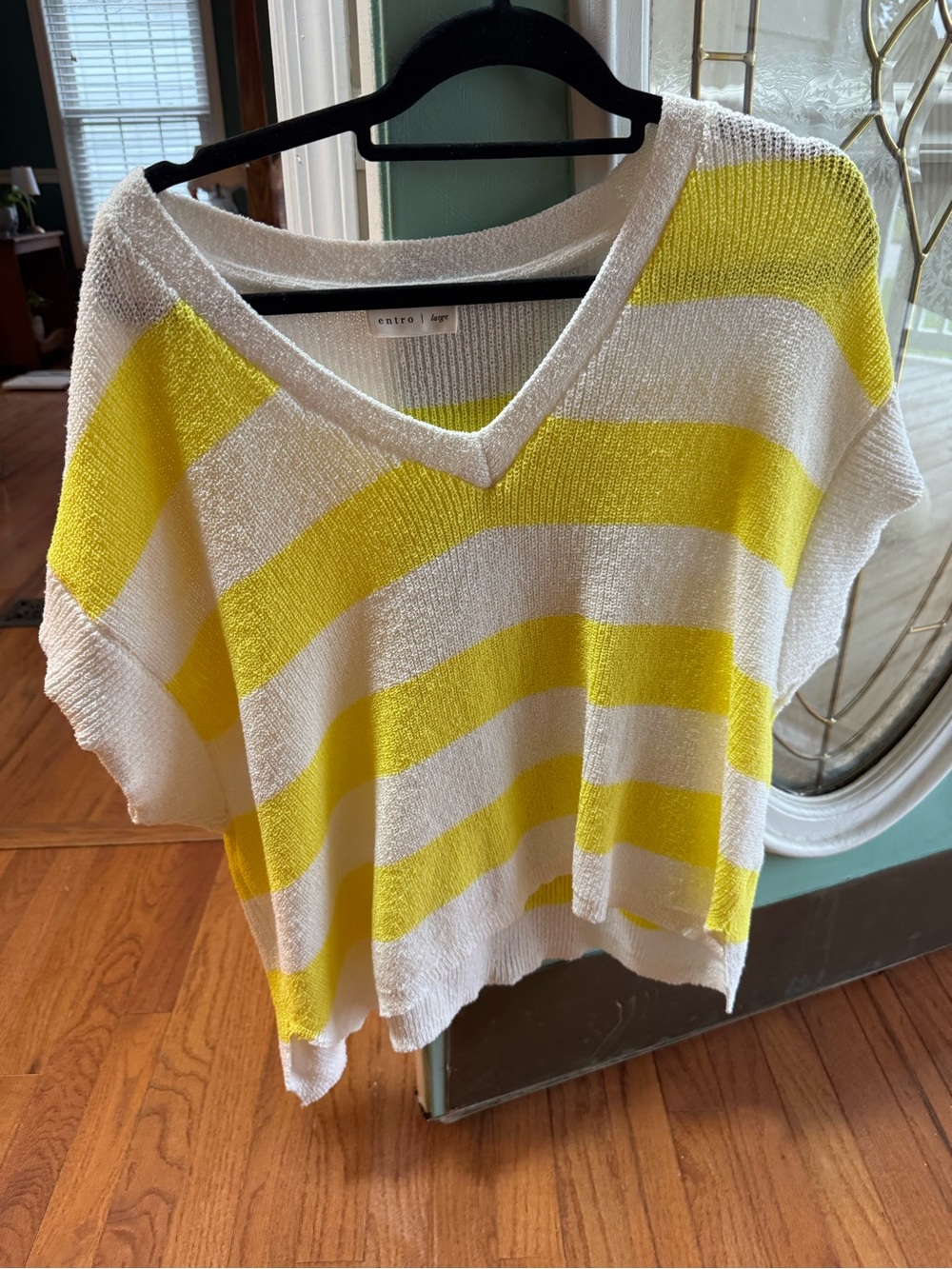 entro White and Yellow Striped V-Neck Sweater